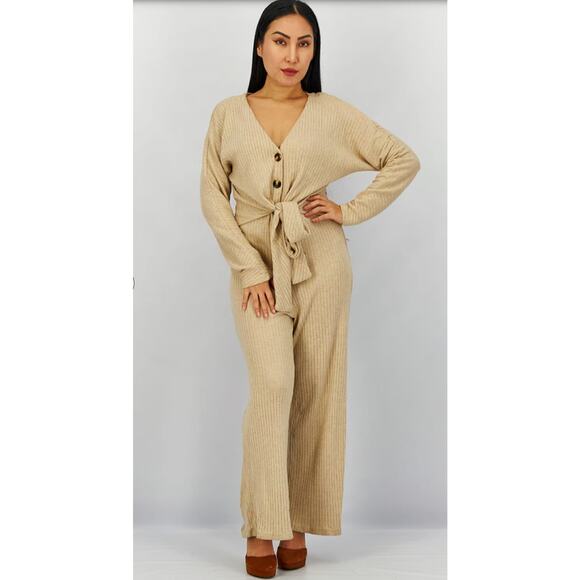 Lucy Paris Pants - Lucy Paris Women Tie Front Long Sleeve Jumpsuit, Oatmeal Size Medium